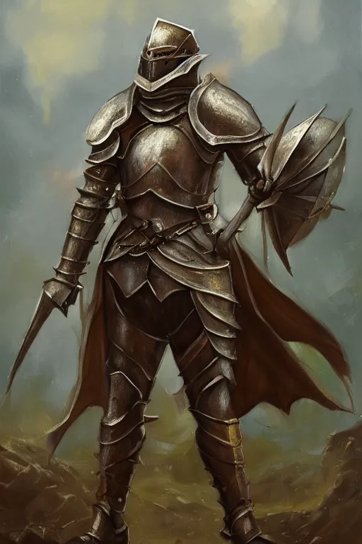 Prompt: a fantasy oil painting, concept art, a knight in full armor holding an unbrella