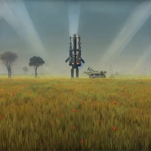 Prompt: giant mech stands over hay field by simon stalenhag, atmospheric haze, children in white jackets below look up, misty blue hour, sci fi digital painting, unreal engine 5, photorealism, hd quality, 8 k resolution, cinema 4 d, 3 d, cinematic, professional photography, art by artgerm and greg rutkowski and alphonse mucha and loish and wlop