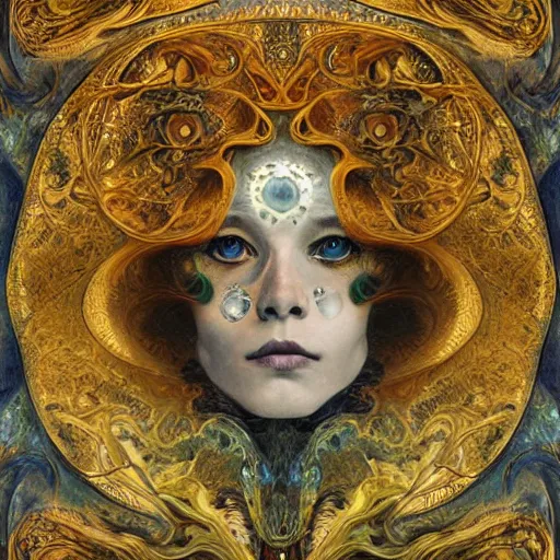 Image similar to Memento Mori by Karol Bak, Jean Deville, Gustav Klimt, and Vincent Van Gogh, beautiful visionary mystical portrait, otherworldly, fractal structures, calavera, ornate gilded medieval icon, third eye, spirals, botanicals by William Morris