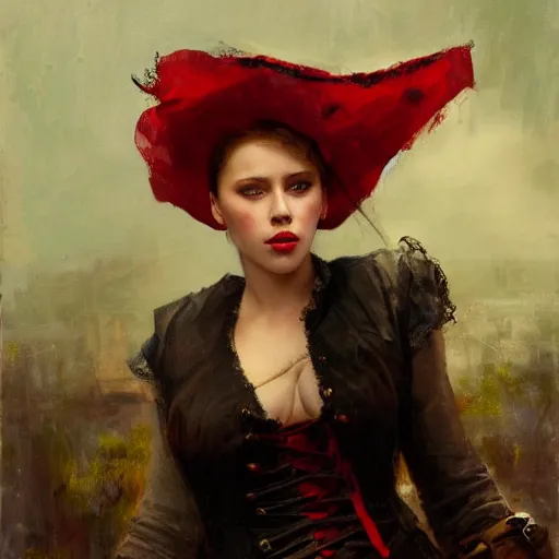 Image similar to solomon joseph solomon and richard schmid and jeremy lipking victorian genre painting portrait painting of a young beautiful scarlet johansson traditional german french actress model pirate wench in fantasy costume, red background