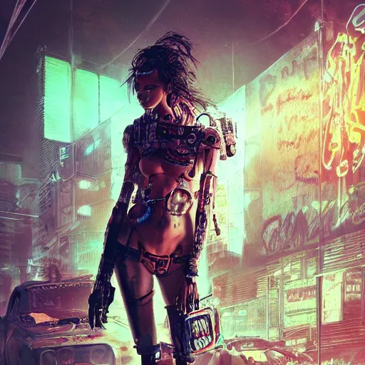 Image similar to highly detailed portrait of a post-cyberpunk south african young lady by Akihiko Yoshida, Greg Tocchini, 4k resolution, mad max inspired, wild neon color scheme with south african symbols and graffiti