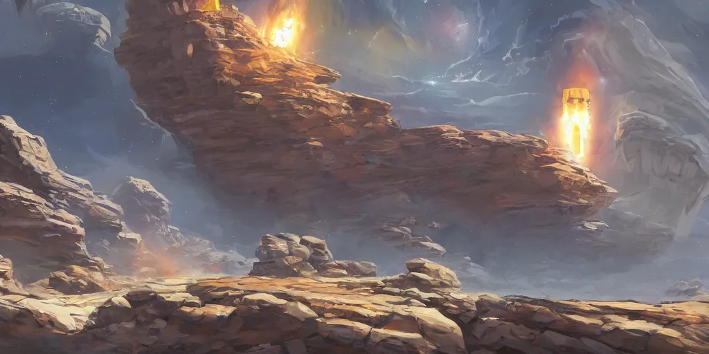 Image similar to marketing game illustration, a space craft run into the rocks canyon very fast in the style of Blizzard