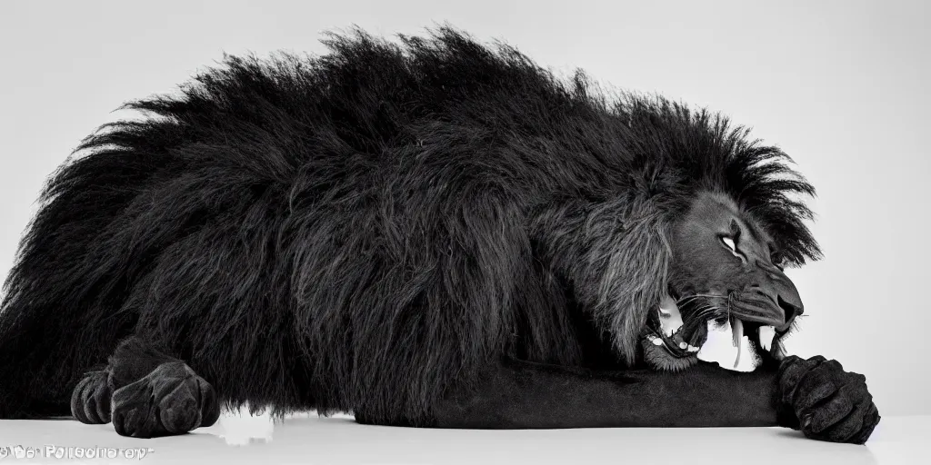 Prompt: the smooth black lion made of ferrofluid, laying on the couch in the living room after bathing in the ferrofluid, splattering ferrofluid. photography, dslr, rimlight, wrinkles, reflections, black goo, living room, couch