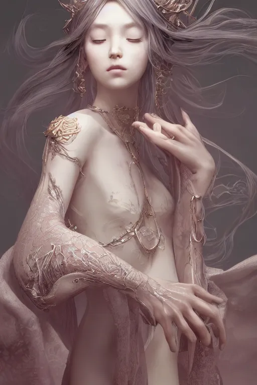 Prompt: a beautiful sorceress leaning with elegant looks, flowing robe, ornate and flowing, intricate and soft by miho hirano, ruan jia, yoshitaka amano, wlop, vray render, artstation, deviantart, pinterest, 5 0 0 px models