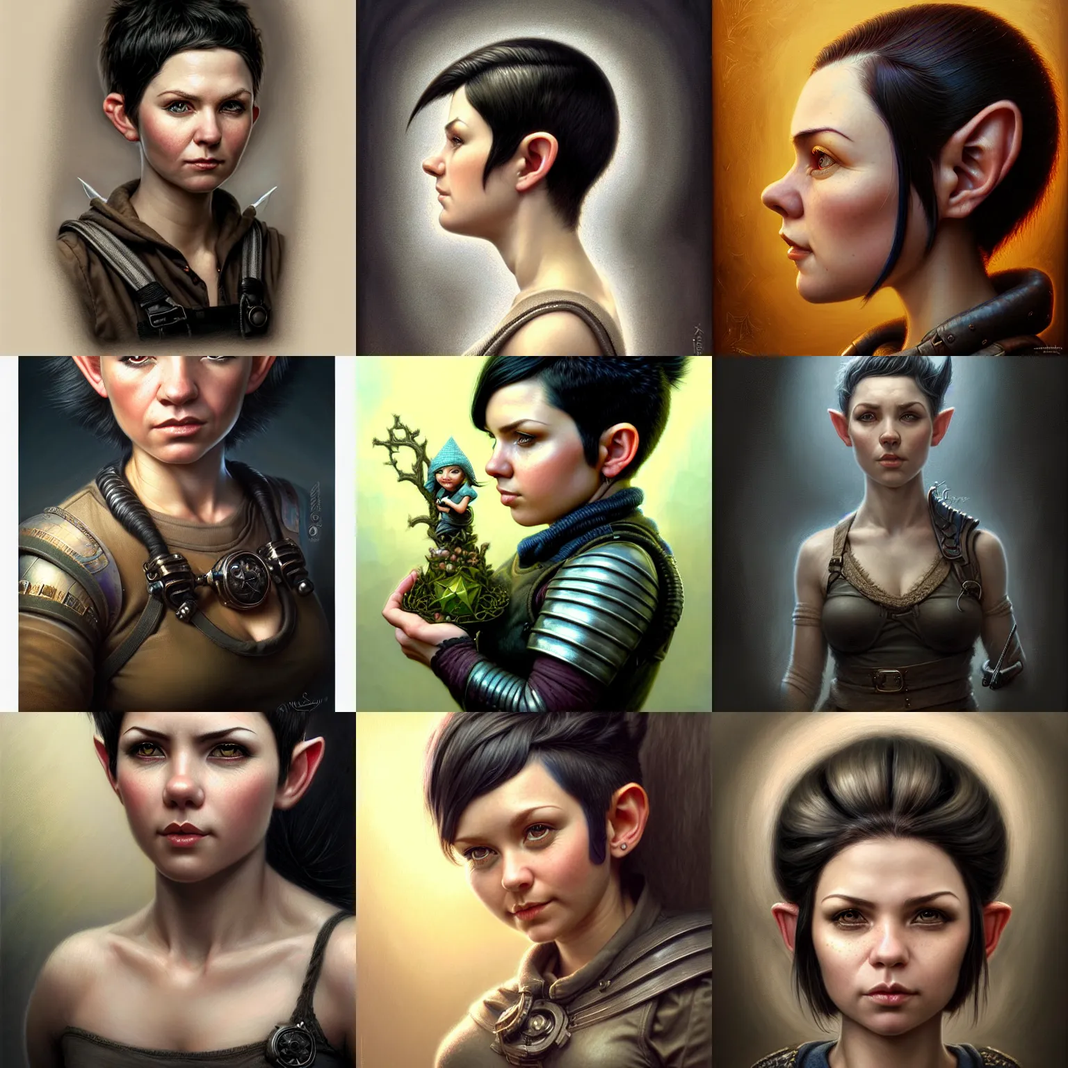 Prompt: portrait of a beautiful cute realistic spunky female gnome engineer, pixie undercut black hair, d & d, micro detail, intricate, elegant, highly detailed, centered, rule of thirds, artstation, sharp focus, illustration, artgerm, tomasz alen kopera, donato giancola, wlop