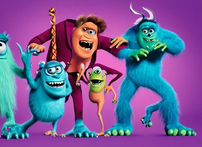 Image similar to monsters inc 1 9 8 0 s pop band, detailed facial expression, surrealism aesthetic