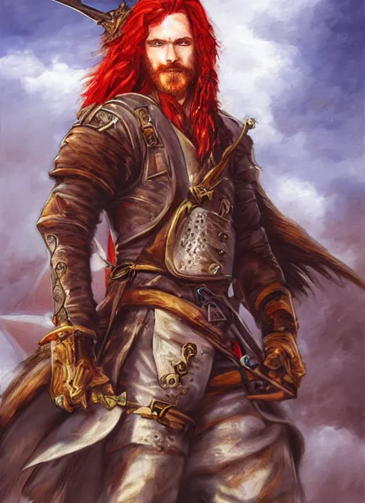 Prompt: epic fantasy portrait painting of a long haired, red headed male sky - pirate in front of an airship in the style of the king killer chronicles