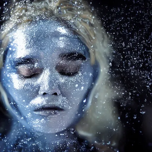 Image similar to futuristic female soldier eyes closed partly submerged in highly viscous clear fluid, frost particles, ice needles, cold blue light, complex hyperdetailed technical suit. white hair flowing. reflection. rays and dispersion of light. volumetric light. 5 0 mm, f / 3 2. noise film photo. ultra realistic, wide angle.