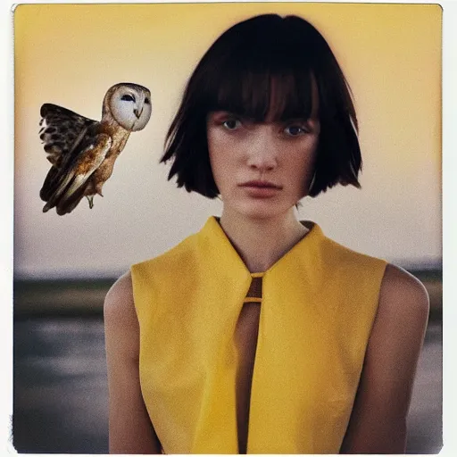 Image similar to head to shoulder portrait Polaroid film photograph of an elegant top model wearing a yellow kimono with a very detailed barn owl on her shoulder!!! in opera . looking at the camera!!. super resolution. Polaroid 600 film. art by Alessio albi and john william waterhouse.