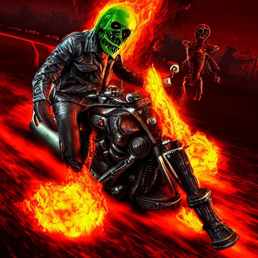 Image similar to highway to hell ghost rider in the style of doom eternal, wayne barlow, hyper detailed 3 d render like an oil painting, algorithmic generative render