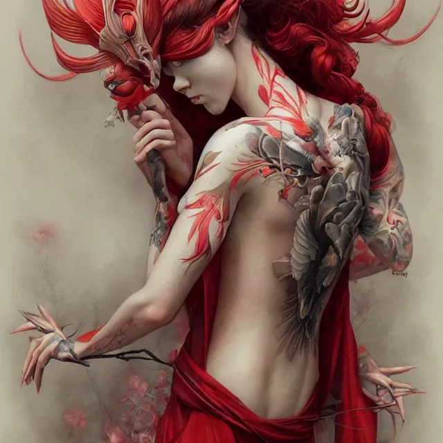 Image similar to ultra realistic illustration, beautiful ethereal woman dressed in red kimono, backview, tattoos, in the style of peter mohrbacher by weta digital and beth cavener, high face symmetry, intricate, masterpiece, award winning, high face symmetry, intricate