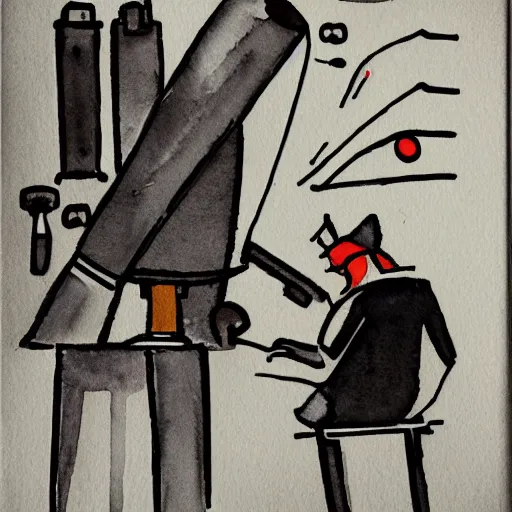 Prompt: doctor performing surgery on a rocket, monochrome watercolor art, abstract