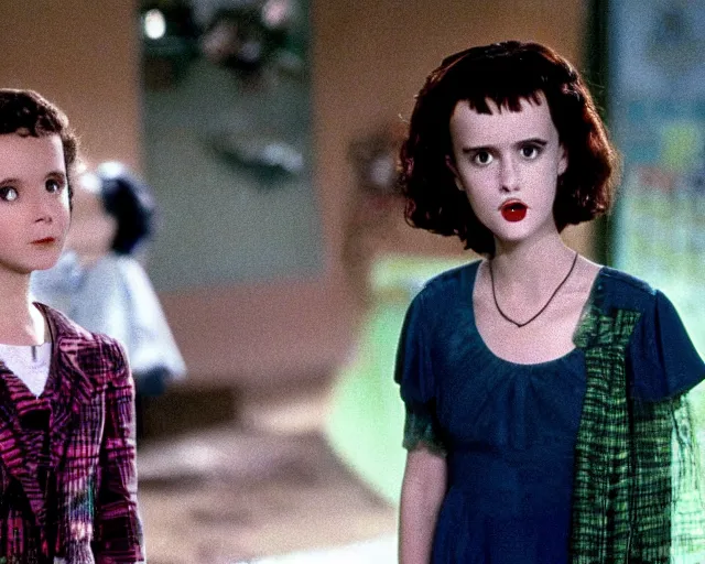 Prompt: millie bobby brown as winona ryder as lydia in beetlejuice, 1988, cdx