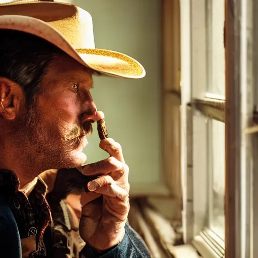 Prompt: wild west cowboy wearing a heavily worn cowboy hat while holding a cigar, looking out of the window while drinking whiskey, ultra realistic, award winning,