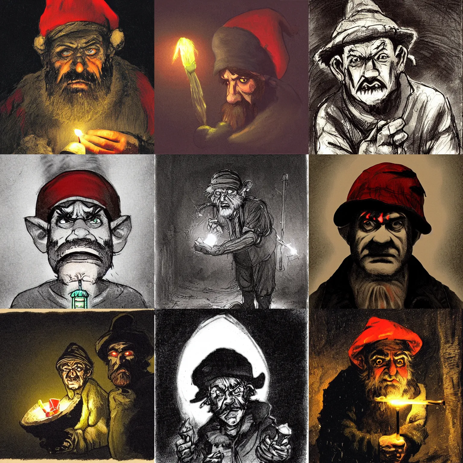 Prompt: an angry, grimy, dirty, grumpy [ old ], miner elf ( with red hat and a glowing latern ) in a pitch black mine, looks into the camera. angry kubrick stare, low key lighting, high contrast, theatrical, fairy tale illustration, character concept art by goya and rembrrandt