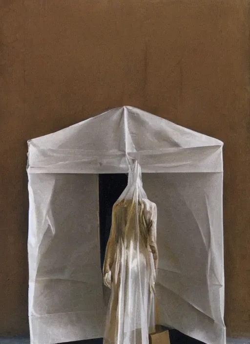 Image similar to woman in a translucent clothing made from plastic bag with paper bags for clothes standing inside paper bags with paper bag over the head at store display Edward Hopper and James Gilleard, Zdzislaw Beksinski, highly detailed