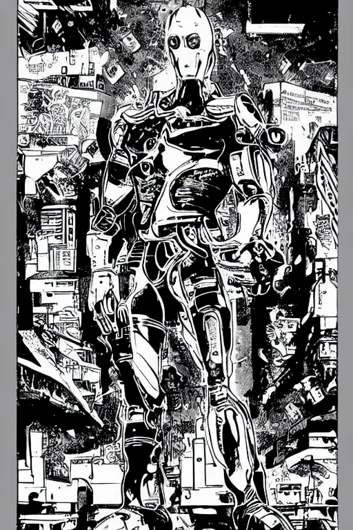 Image similar to ultron standing heroically, a page from cyberpunk 2 0 2 0, style of paolo parente, style of mike jackson, 1 9 9 0 s comic book style, white background, ink drawing, black and white