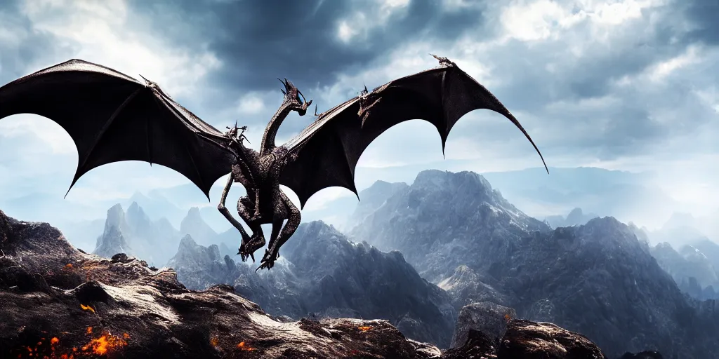 Prompt: A single simple dragon with half open wings breathing fire and standing on the top of a mountain, epic composition, epic lighting, detailed and intricate image, cinematic, 4K