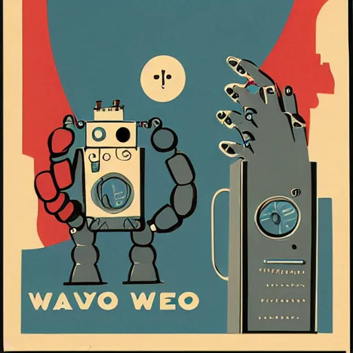 Prompt: Vintage illustration depicting a robot that waves hello