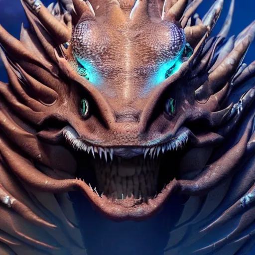 Prompt: stunning cinematic close shot of a captivating sea creature, emerged from the ocean, amongst fulgurites, well designed perfect cute female dragon head with slick led eyes, well armored, sharp claws, hd octane render, fantasy, furry art, artstation, deviantart, furaffinity