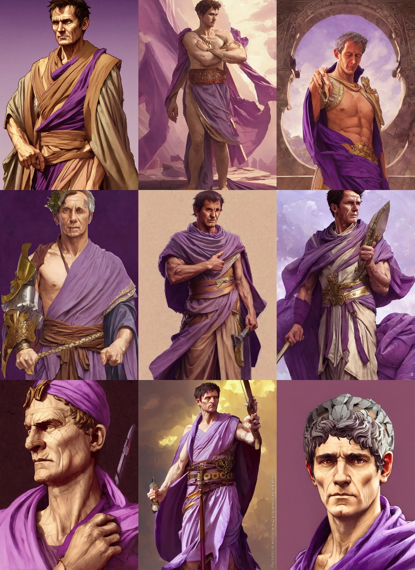 Prompt: gaius julius caesar wearing a tyrian purple roman toga, art by artgerm and greg rutkowski and alphonse mucha and wlop and krenz cushart, portrait, headshot, highly detailed, digital painting, sharp focus, illustration