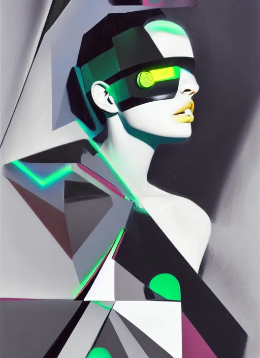 Image similar to futuristic fine lasers tracing, data visualization, cyberpunk bodysuit, tesseract, laserpunk, blindfold pyramid visor, rain, wet, oiled, sweat, girl pinup, by steven meisel, kaws, james jean and rolf armstrong, geometric cubist perfect geometry abstract acrylic and hyperrealism photorealistic airbrush collage painting with monochrome and neon fluorescent colors, eighties eros