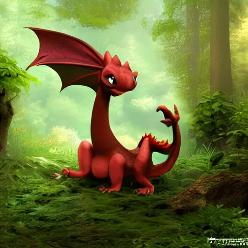 Image similar to cute little dragon in the forest, realistic d render in pixar style