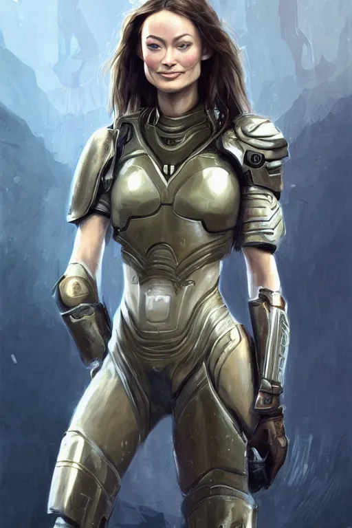 Image similar to a professional painting of a young Olivia Wilde, clothes in military armor, olive skin, long dark hair, beautiful bone structure, symmetrical facial features, intricate, elegant, digital painting, concept art, smooth, sharp focus, illustration, from StarCraft by Ruan Jia and Mandy Jurgens and Artgerm and William-Adolphe Bouguerea