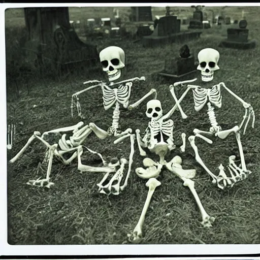 Image similar to old polaroid of a skeleton family doing a picnic in the cemetery