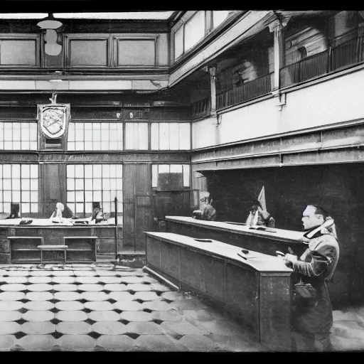 Image similar to an image of a civic criminal court, in a medium full shot, russian and japanese mix, high - key lighting, warm lighting, overcast flat midday sunlight, a vintage historical fantasy 1 9 1 5 photo from life magazine, professional cooperate, the new york times photojournalism.