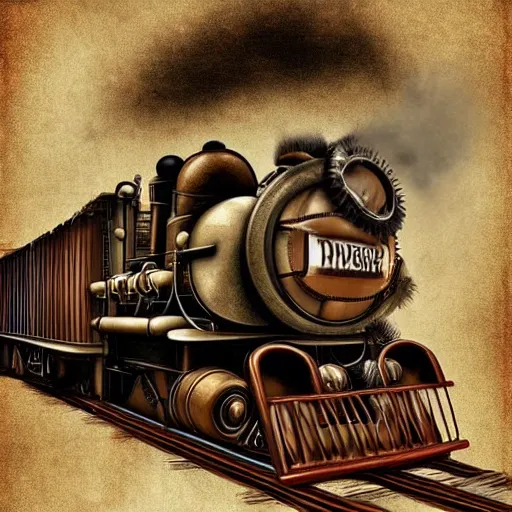 Prompt: a steampunk train, digital art, hyperrealistic