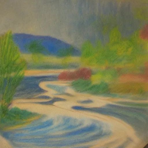 Image similar to a beautiful impressionist painting of a winding river, colored charcoal drawing on canvas