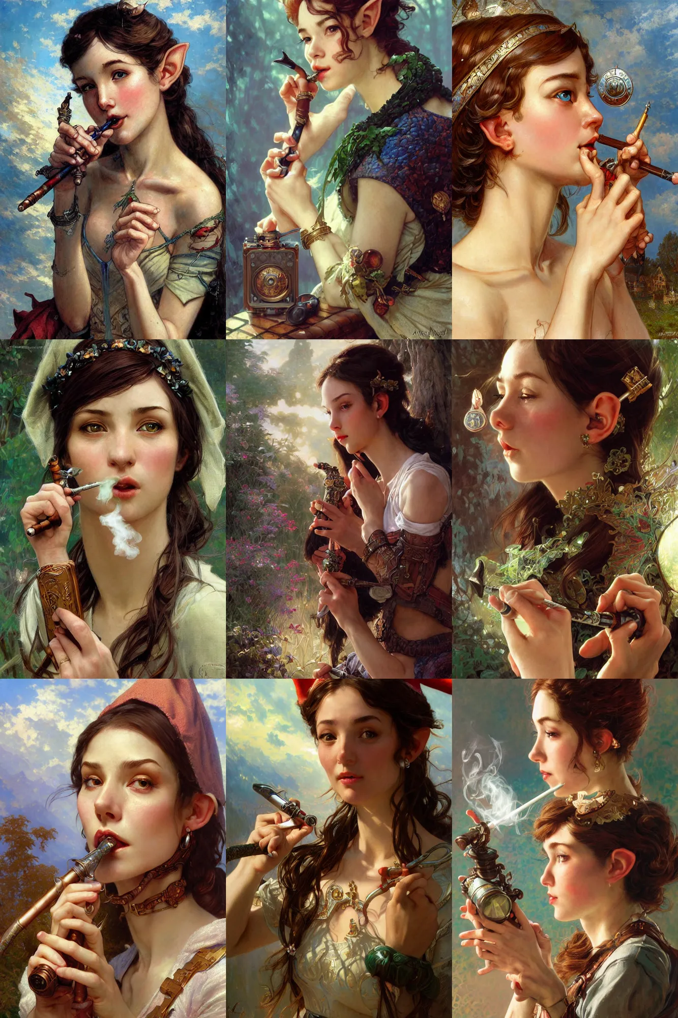 Prompt: closeup hyper-realistic portrait of beautiful high-fantasy elf girl smoking a fantasy pipe, intricate details, rule of thirds, by Stanley Artgerm Lau, by greg rutkowski, by thomas kindkade, by alphonse mucha, loish, by norman rockwell J.