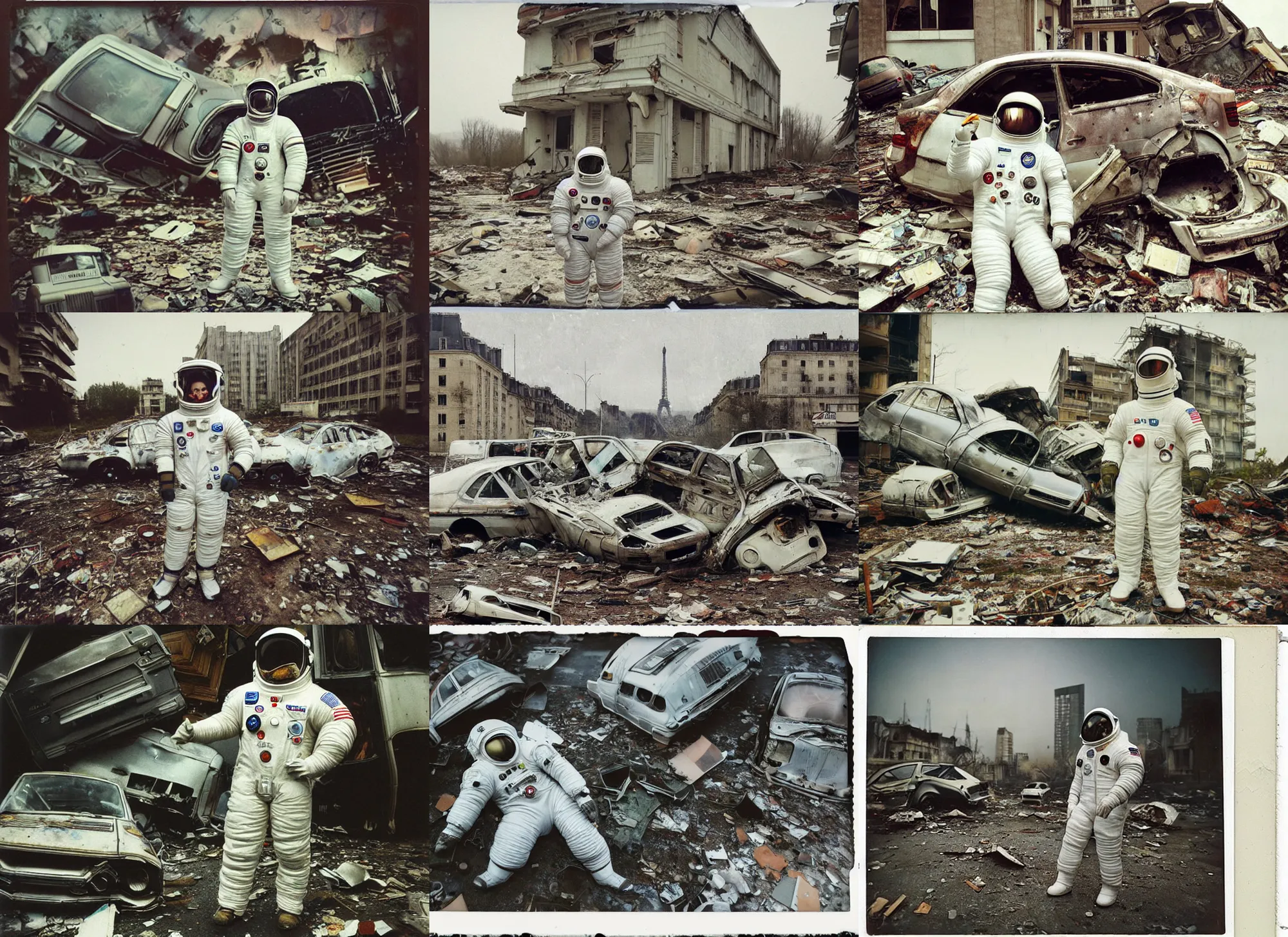 Prompt: faded photographs of american white spacesuit chubby astronaut in postapocalyptic abandoned destroyed paris, wrecked buildings, destroyed flipped wrecked cars, polaroid photo, vintage, neutral colors, rainy day, by gregory crewdson