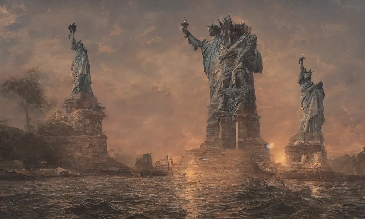 Image similar to statue of liberty with a cycloptic robot head looking over the harbor, by asher brown durand, trending on artstation, 8 k resolution, chiaroscuro, volumetric lighting, creepypasta, anamorphic flares, red lights, cyberpunk demonic symbols