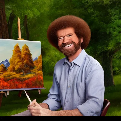 Image similar to a closeup photorealistic photograph of bob ross holding a paintbrush and diligently finishing a canvas painting of iron man. mountains and trees. film still. brightly lit scene. this 4 k hd image is trending on artstation, featured on behance, well - rendered, extra crisp, features intricate detail, epic composition and the style of unreal engine.