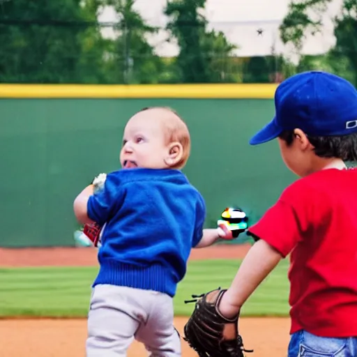 Prompt: Babies playing baseball