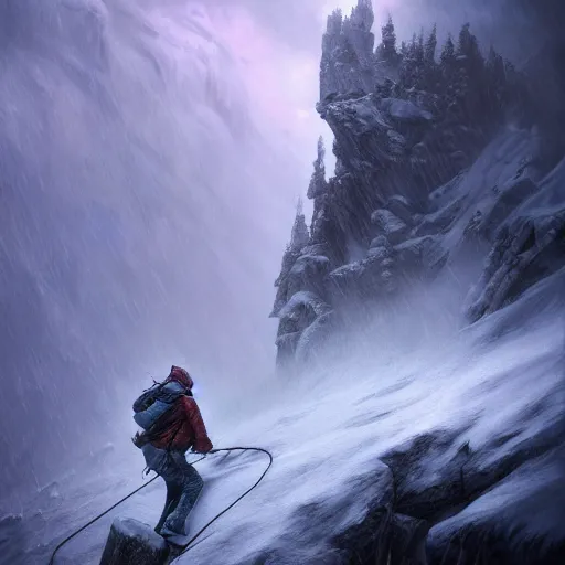 Prompt: climber, extreme cold, storm, octane rendering, volumetric lightning, hyperrealism, no blur, 4 k resolution, ultra detailed, style of ivan shishkin, tyler edlin, anato finnstark