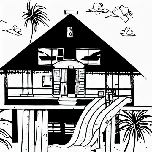 Image similar to imaginative drawing of a beach house, black ink outline, cel - shading