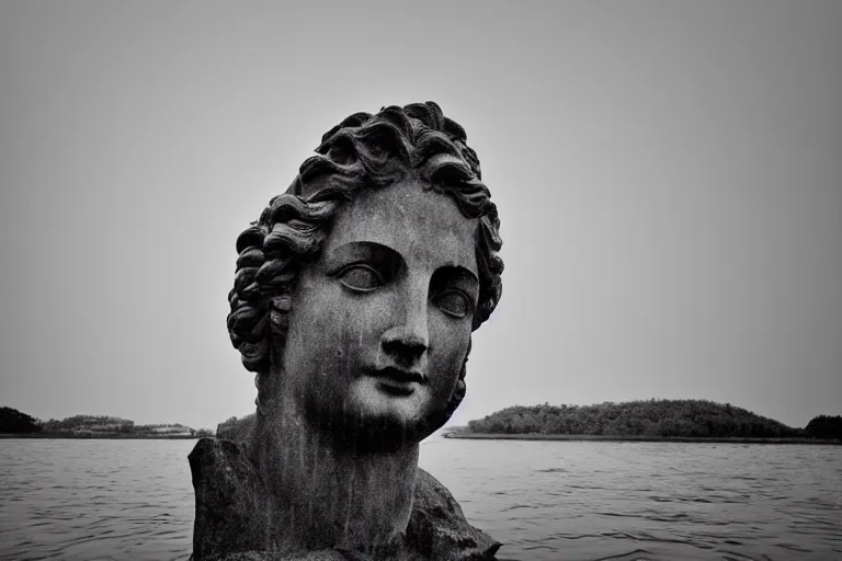 Image similar to a small boat near a masterpiece head of a giant statue of a beautiful! antic goddess with long hair, scuplted by MichelAngelo, partly sunken! in the lake!, important mist, lomography photo effect, monochrome, noise grain film, cl, surface view