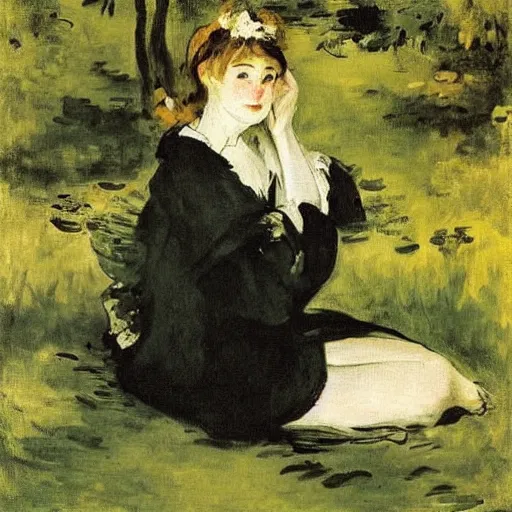 Prompt: a fairy sitting near a pond in the forest by edouard manet