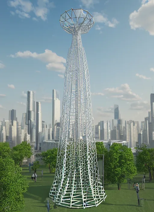 Image similar to highly detailed realistic architecture 3 d render of a stele shukhov tower standing in a city park, archdaily, made in unreal engine 4 octane render