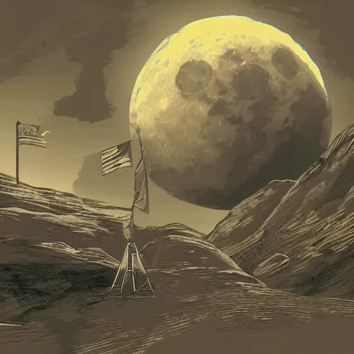 Image similar to fantasy illustration of moon landing