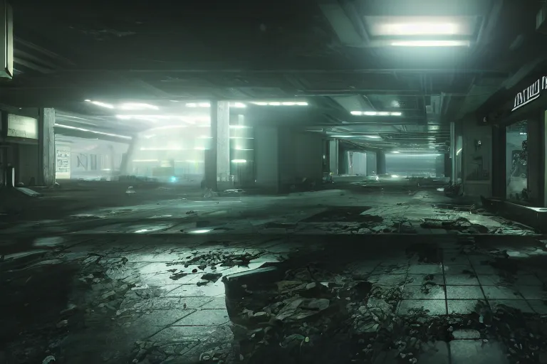 Image similar to a photorealistic first person shooter game trailer on a abandoned cyberpunk shopping mall, cinematic lightning, ray tracing, unreal engine, photorealistic fps game concept art, detailed, dark, moody, foggy