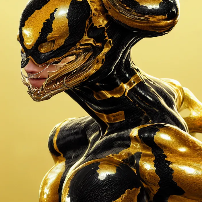 Prompt: female gold and black venom, naturel, hyper detailed, digital art, trending in artstation, cinematic lighting, studio quality, smooth render, unreal engine 5 rendered, octane rendered, art style by klimt and nixeu and ian sprigger and wlop and krenz cushart