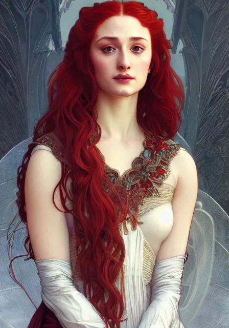 Image similar to portrait of sansa stark with red long hair, intricate, elegant, highly detailed, digital painting, artstation, concept art, smooth, sharp focus, illustration, art by artgerm and greg rutkowski and alphonse mucha and william - adolphe bouguereau