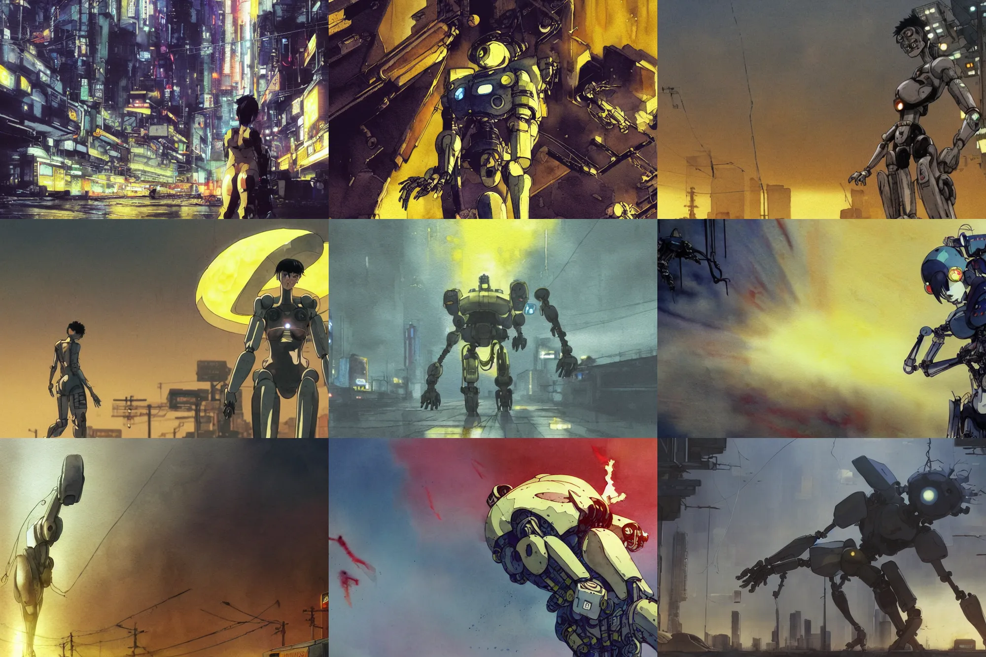 Prompt: incredible wide screenshot, ultrawide, simple watercolor, watercolor paper, rough paper texture yellow atmosphere,masamune shirow ghost in the shell movie, katsuhiro otomo akira movie scene, forced perspective, robot arm bursting from the ground, zombie reaching out of a grave, robot art cracking the road, robot arm stretching into the sky, robot arm skeleton, robot arm reaching out of the grave, people panic in the foreground, litter, vanishing point, looking up, yellow parasol in deserted dusty shinjuku junk town, broken vending machines, dusty ground, dirt, at noon ,bold graphic graffiti, old pawn shop, bright sun bleached ground, mud, fog, dust, windy, pale beige sky, junk tv, texture, shell, brown mud, dust, telephone pole, dusty, dry, pencil marks, genius party,shinjuku, koju morimoto, katsuya terada, masamune shirow, tatsuyuki tanaka hd, 4k, remaster, dynamic camera angle, deep 3 point perspective, fish eye, dynamic scene