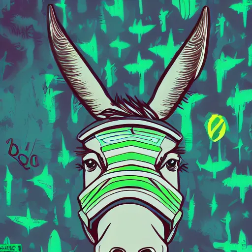 Prompt: in the style of max prentis and deathburger and laurie greasley a hipster donkey, highly detailed, colourful, 8k wallpaper