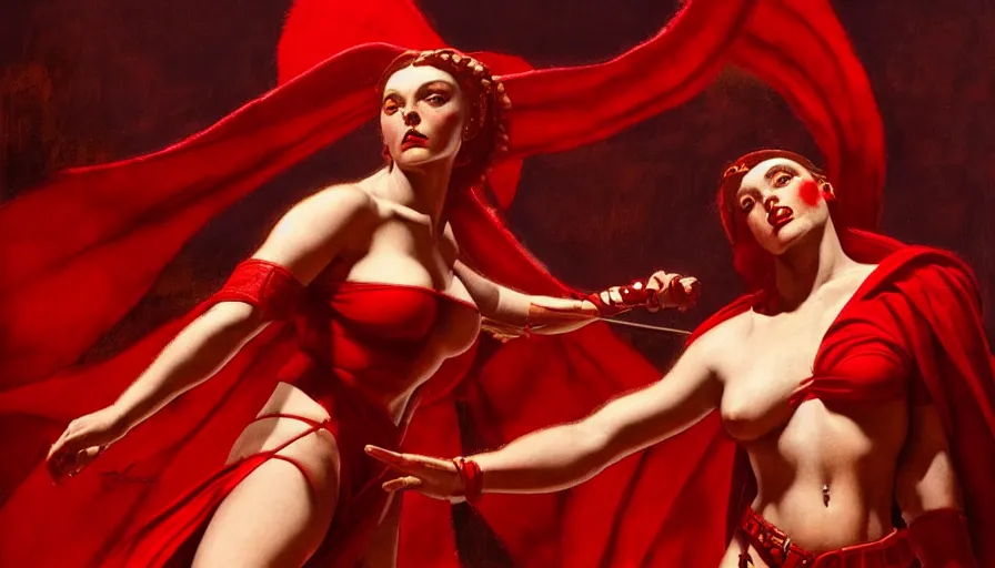 Image similar to only with red, an armored female gladiator in a crowded roman amphitheatre, crowd cheering, in the style of rolf armstrong and ambrosius benson and edward hopper and and rodcenko, intricate and epic composition, red by caravaggio, highly detailed, masterpiece, red light, artstation