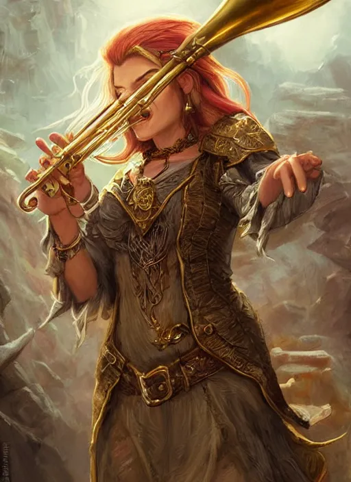 Prompt: female bard playing trumpet, ultra detailed fantasy, dndbeyond, bright, colourful, realistic, dnd character portrait, full body, pathfinder, pinterest, art by ralph horsley, dnd, rpg, lotr game design fanart by concept art, behance hd, artstation, deviantart, hdr render in unreal engine 5